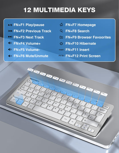 TECKNET Mini Wireless Keyboard and Mouse Set, 2.4G Cordless USB Keyboard and Silent Mouse Comb with Nano USB Receiver, 12 Multimedia Shortcuts for Computer, PC, Laptop, Desktop (Silver)