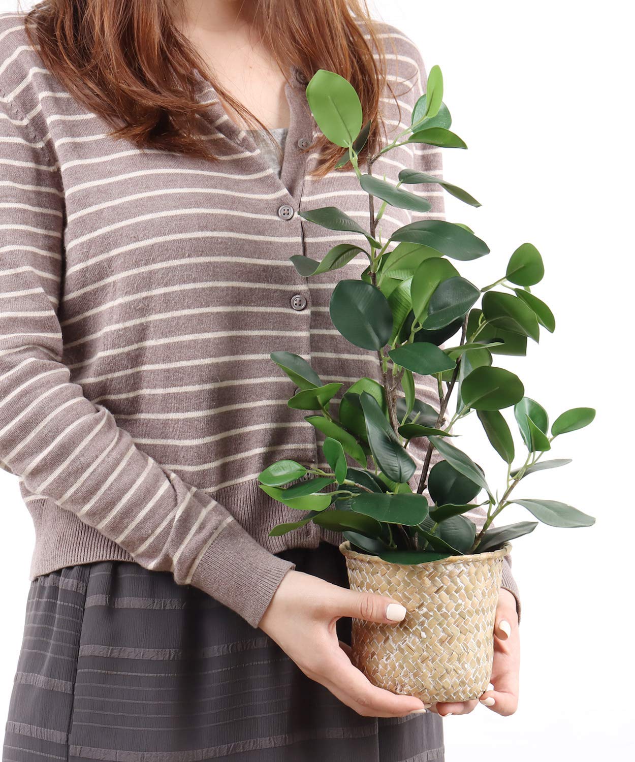 SAROSORA Artificial Ficus Tree Small Fake Plants in Weaved Pot 20" Height for Living Room Desktop Decor Indoor Home Office Ins Style (Green, 1)