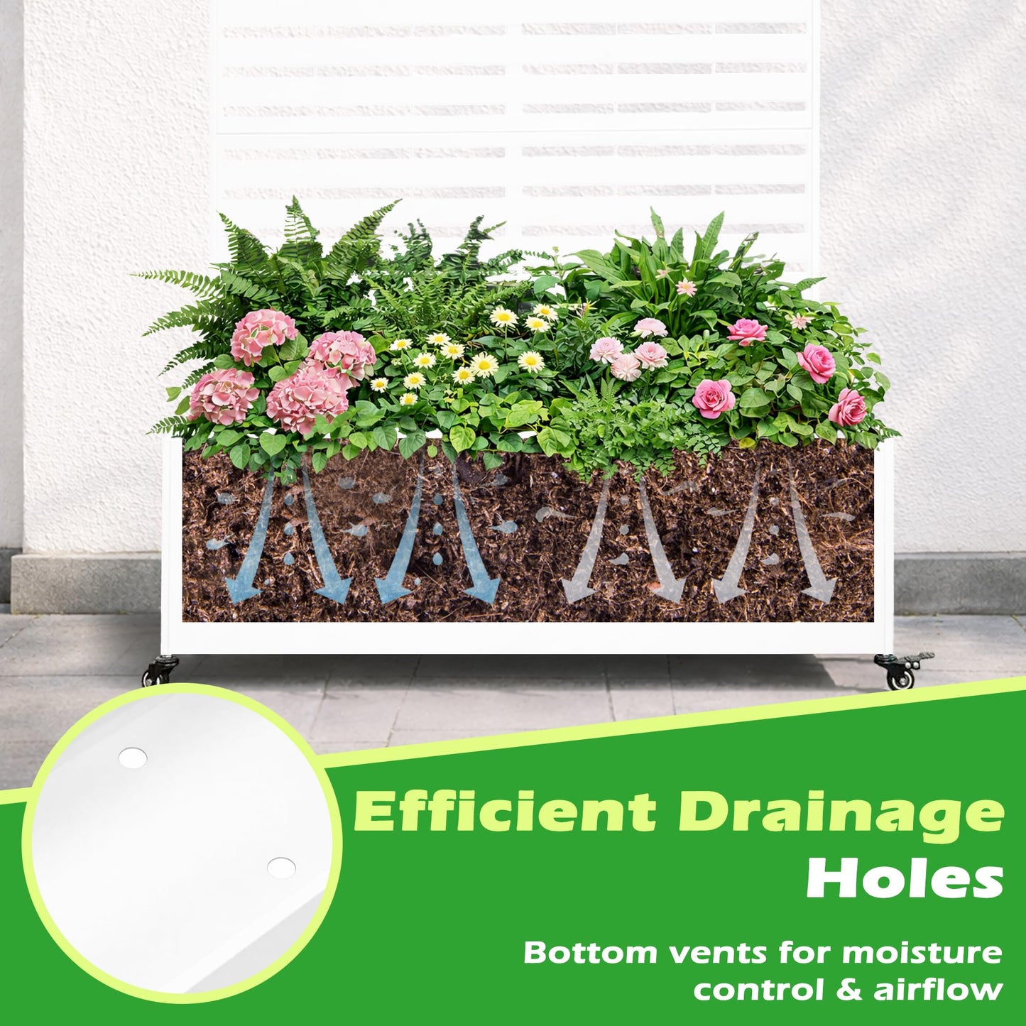 VERSSURE Metal Planter Box with Trellis, 43” L x 16” W x 71” H Raised Garden Bed with Wheels, Privacy Planters for Patio, Metal Planter Box with Drainage Holes, White