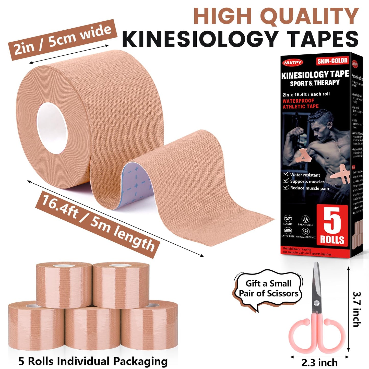 5 Rolls Kinesiology Tape, 2 inch x 16.4 Feet Waterproof Athletic Tape, Uncut Kinetic Tape, Muscle Tape, Sports Tape, Knee Tape for Exercise and Daily Use - Skin Color