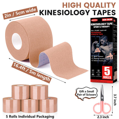 5 Rolls Kinesiology Tape, 2 inch x 16.4 Feet Waterproof Athletic Tape, Uncut Kinetic Tape, Muscle Tape, Sports Tape, Knee Tape for Exercise and Daily Use - Skin Color