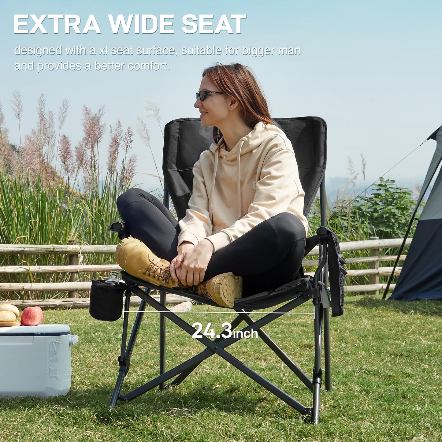 EVER ADVANCED Oversized Folding Camping Chair for Adults with Adjustable Lumbar Support, Heavy Duty Chair with Side Pockets, Portable Collapsible Quad Chair for Outside, Support Up to 500lbs,Black