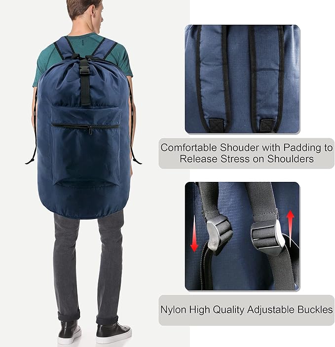 BeeGreen Navy Blue Travel Laundry Bag w Drawstring & Handle College Dorm Room