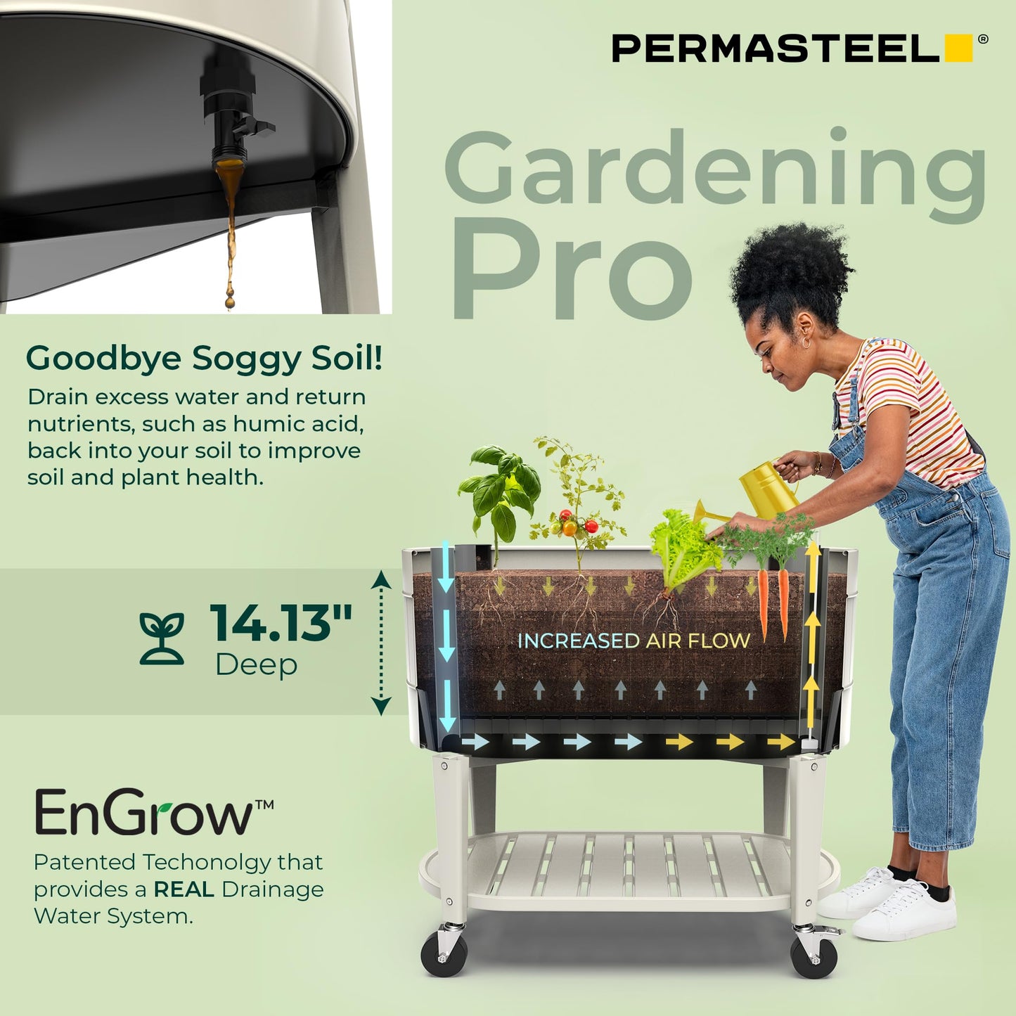 Permasteel Raised Garden Bed with Legs, Planter Box with EnGrow™ TrueSoil™ Technology for Vegetables, Flowers, Herbs, and Fruit, Outdoor Indoor, Storage Shelf, Caster Wheels, Ivory