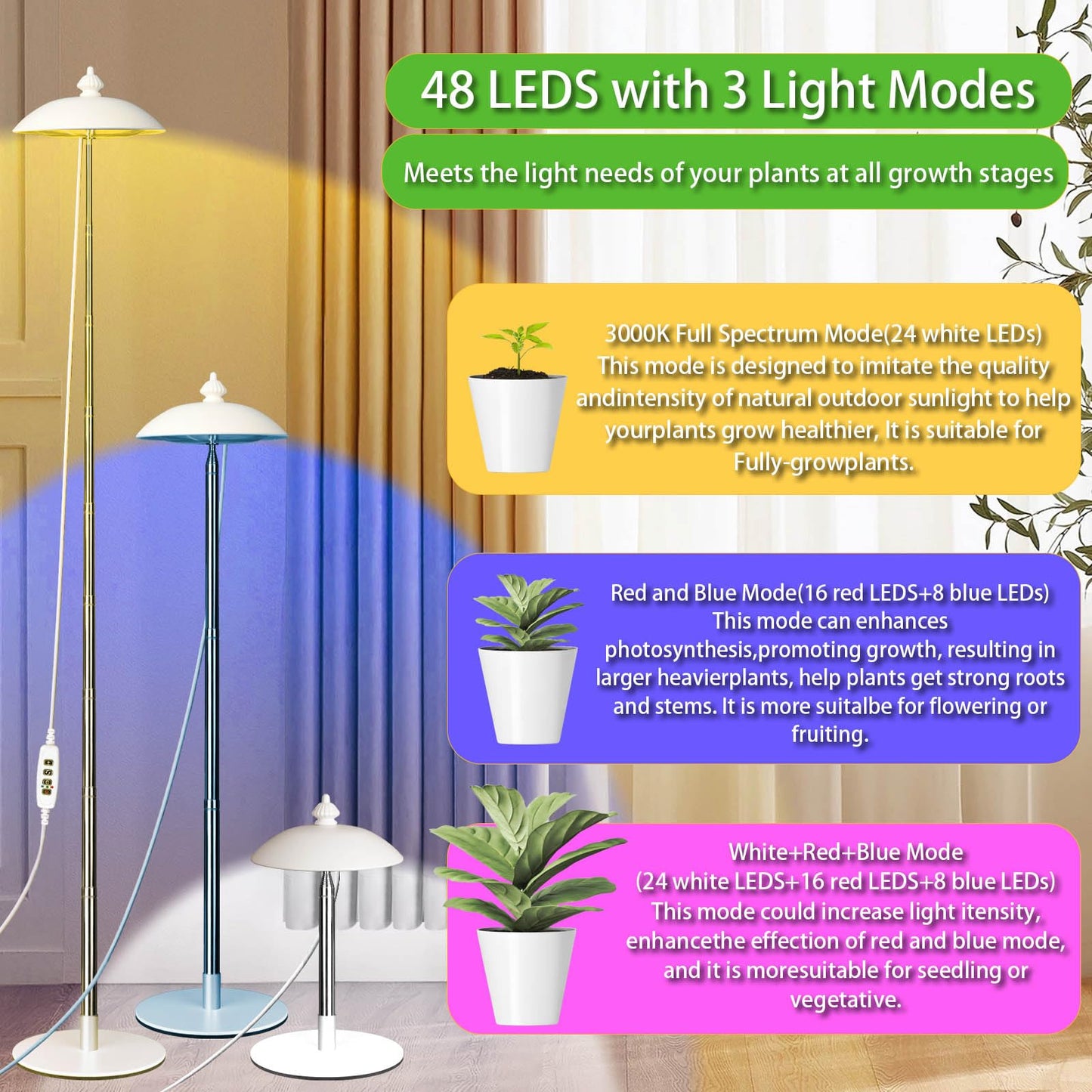 Qtittu LED Floor Grow Lights for Indoor Plants, Corner Stand Full Spectrum Plant Growing Lamp, 10 Dimmable Levels Auto 3/6/9/12H Timer Grow Light, Height Adjustable for Large Tall Plants (Have Base)