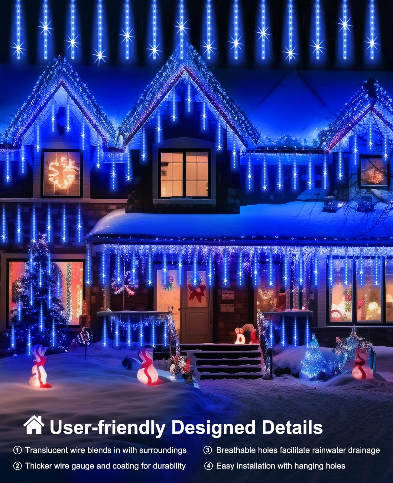 EAGWELL Christmas Lights Outdoor 16 Inch Meteor Shower Rain String Lighting, 20 Tube 960 LEDs Icicle Tree String Decor for Halloween Yard Party Patio Xmas Decoration,Blue
