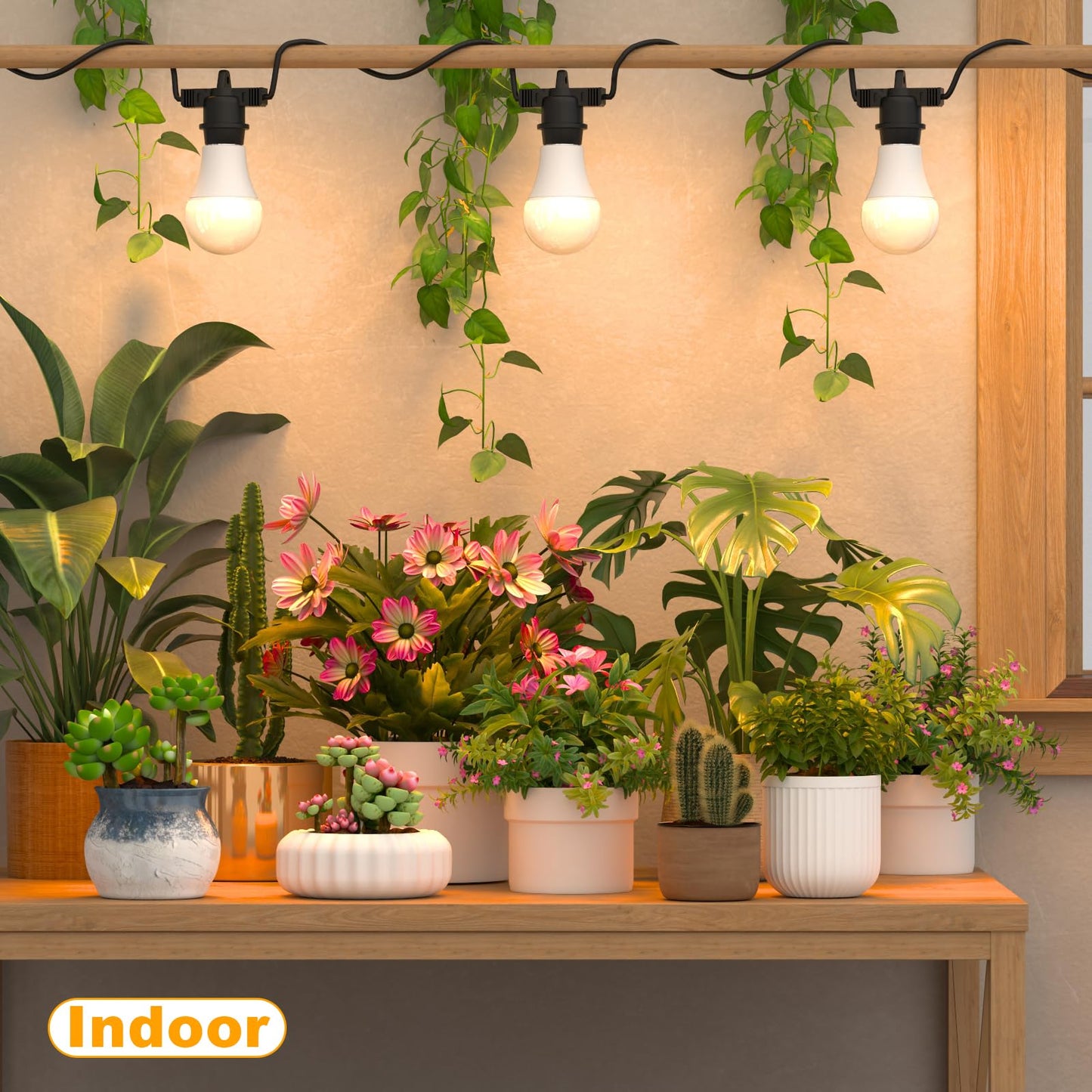 LED Grow Light Bulbs on a 22 ft Rainproof String, 90W Waterproof Full Spectrum Hanging Plant Growing Lamps, E26 Base for Backyard, Garden, Farm (6 Lights)