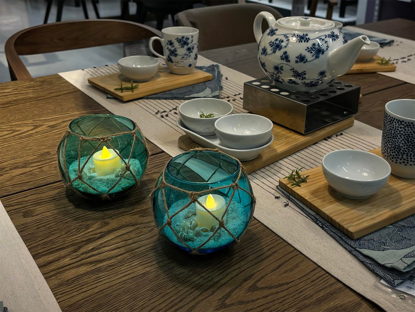 SAILINGSTORY Glass Fishing Float Tealight Candle Holder Nautical Coastal Beach Decor Teal and Blue Set of 2 Pack