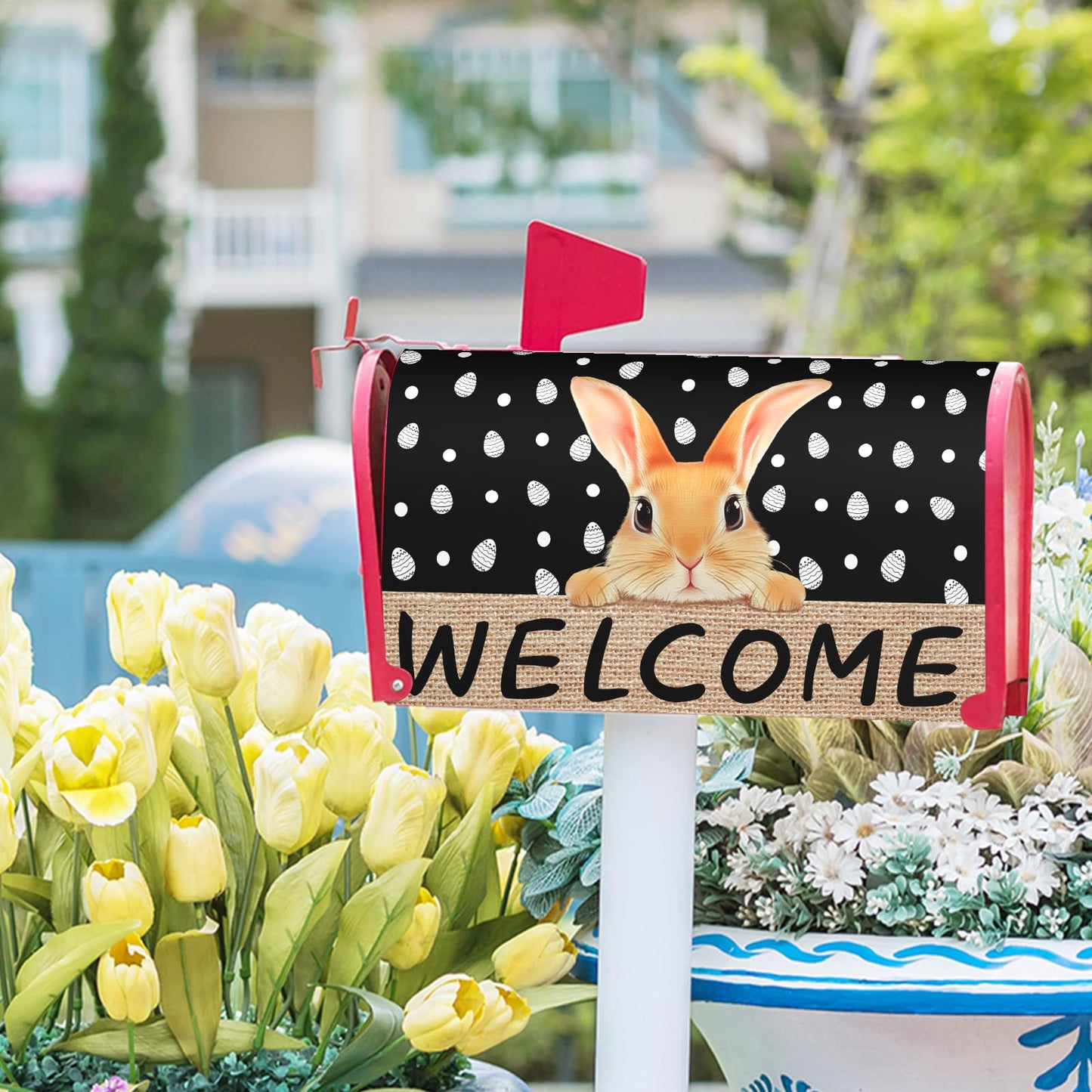 Anyako Easter Bunny Welcome Mailbox Covers Magnetic Standard Size 18" X 21",Easter White Eggs Black Mailbox Wraps Post Letter Box Spring Easter Cover for Holiday Garden Yard Decor