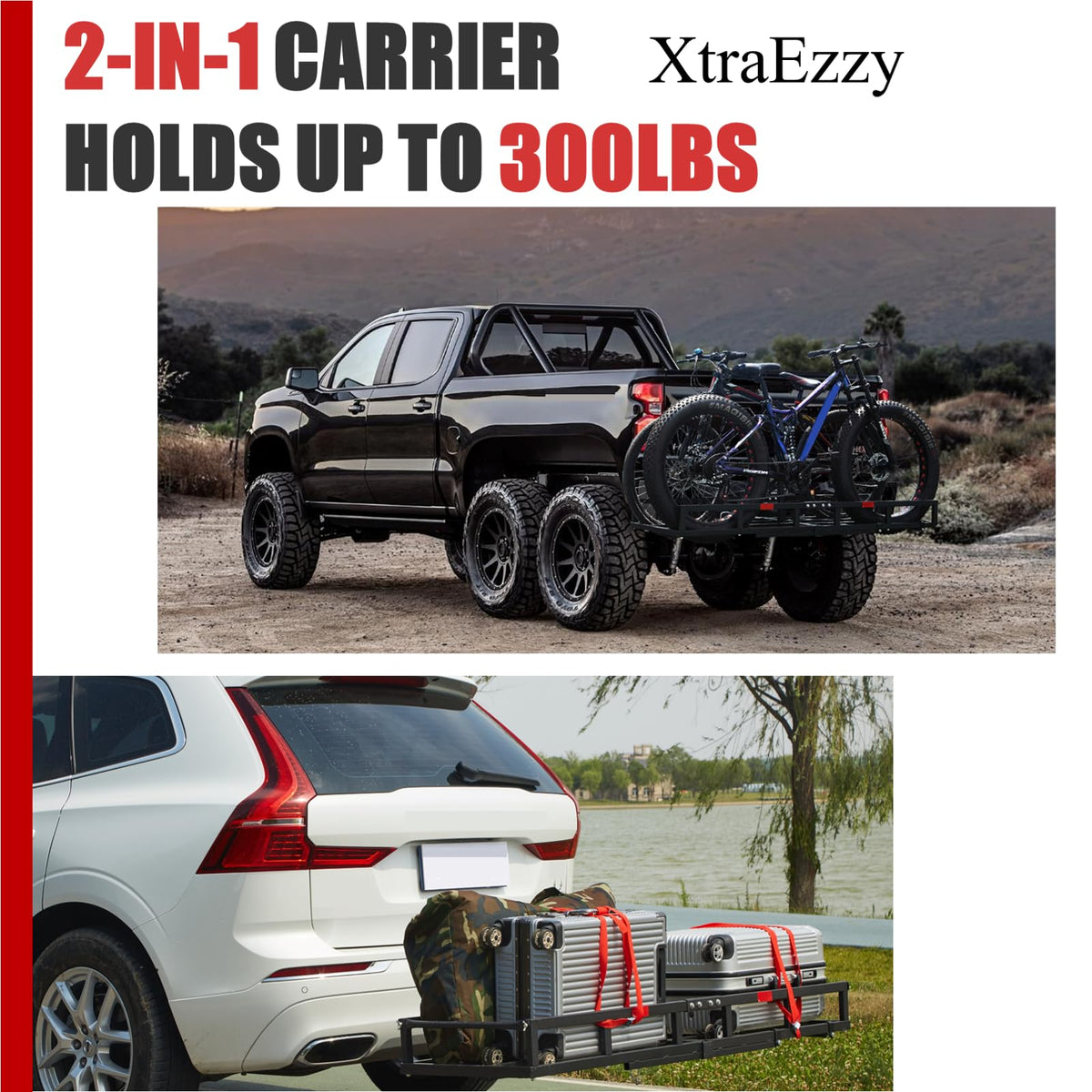 Hitch-Mount Bike Rack for Ebike Heavy-Duty - Fits 2 Electric Fat-Tire Mountain Bicycles Fits 2" Receiver for Car SUV Truck RV Minivan (Red, Comes with Cargo Carrier)