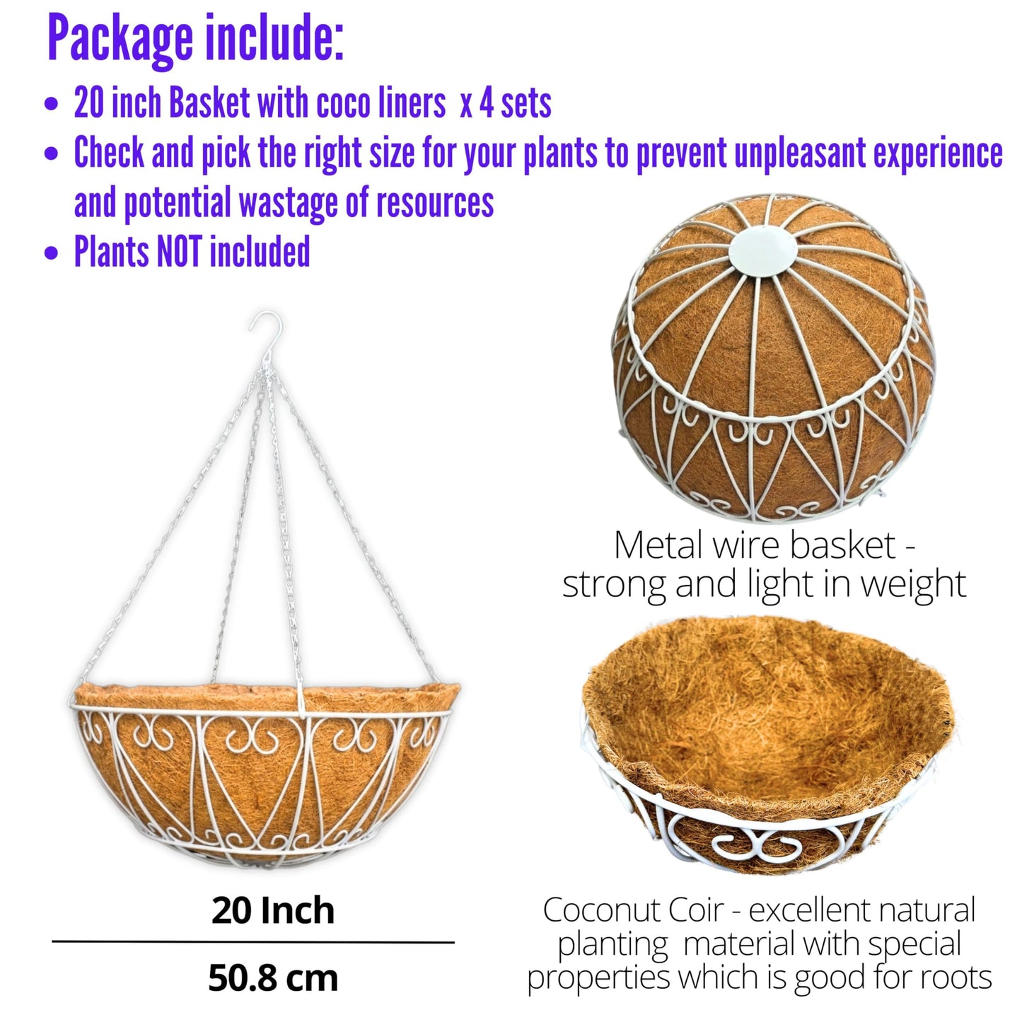 LaLaGreen Hanging Planter for Outdoor (20 Inch, 4 Pack) Large White Metal Wire Hanging Plant Planter with Coco Liner Round Porch Modern Garden Balcony Deck Country Decor Flower Pot Holder Hanger