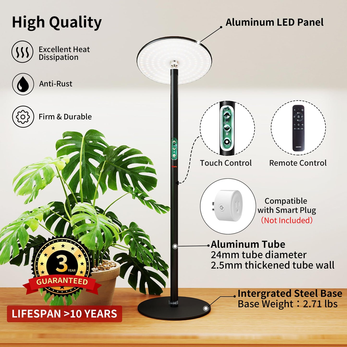 chiphy Desk Grow Lights for Indoor Plants, Full Spectrum LED Plant Light, 40W Aluminum Tabletop Grow Lamp, Automatic Timer 4H/8H/12H, 16''-30'' Height Adjustable, Remote for Large Small Plants