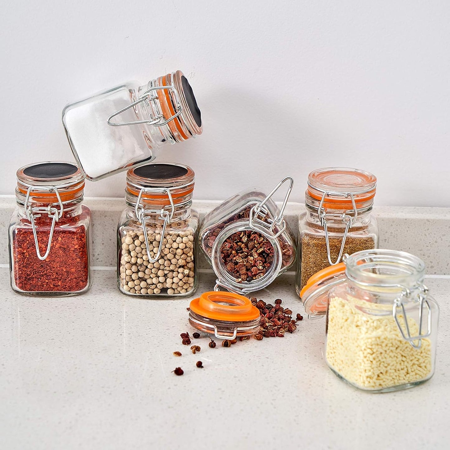 3.4 oz Small Glass Spice Jars with Lables, 24 Pack Empty Mini Square Spice Bottles with Airtight Flip Top Lids, Chalkboard Labels and Collapsible Funnel for Home and Kitchen