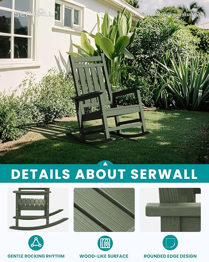 SEWALL HDPE Rocking Chair, Oversized Outdoor Rocking Chair for Adults, Patio Rocker for Porch, Avocado Green