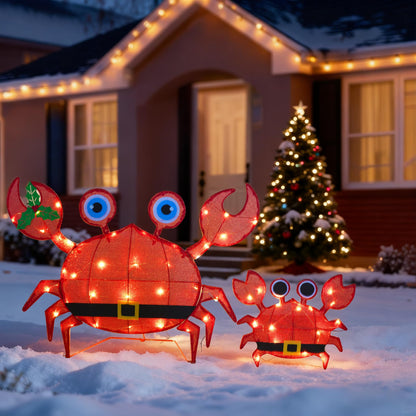 Dazzle Bright Christmas Outdoor Decorations Yard, 2 Piece Battery Operated Lighted Crab 50 LED Lights with 8 Lighting Modes, Light Up 2D Crab for Xmas Holiday Front Garden Patio Lawn Decor