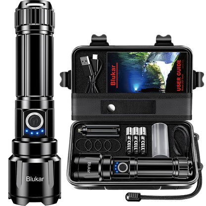 Blukar LED Torch Rechargeable, Super Bright Torches High Lumens -Adjustable Focus, 5 Modes, 5000 mAh Long Lasting, IP67 Waterproof, Powerful Handheld Flashlight for Camping, Hiking, Emergency