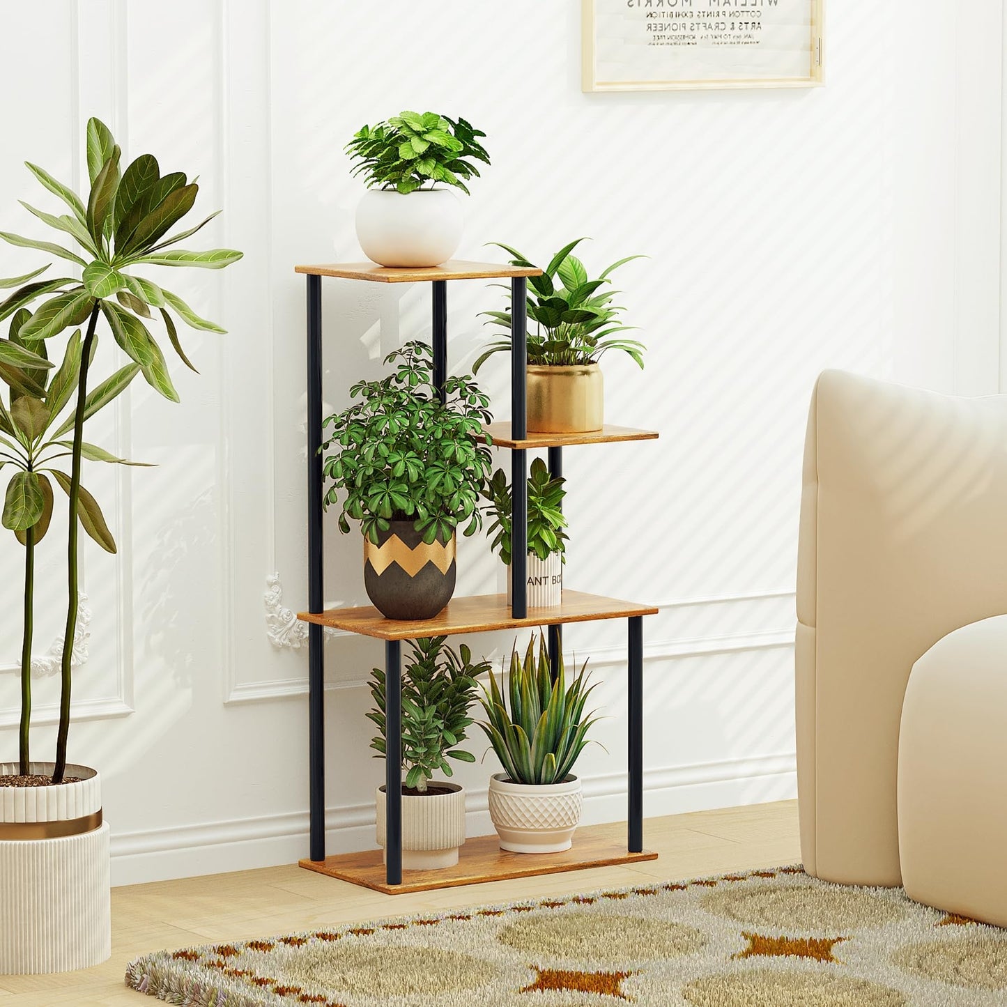 yeavs Plant Stand Indoor, 4-Tier Plant Shelf Multiple Metal Wood Flower Pot Holder for Living Room Office Balcony Patio, Rustic Brown