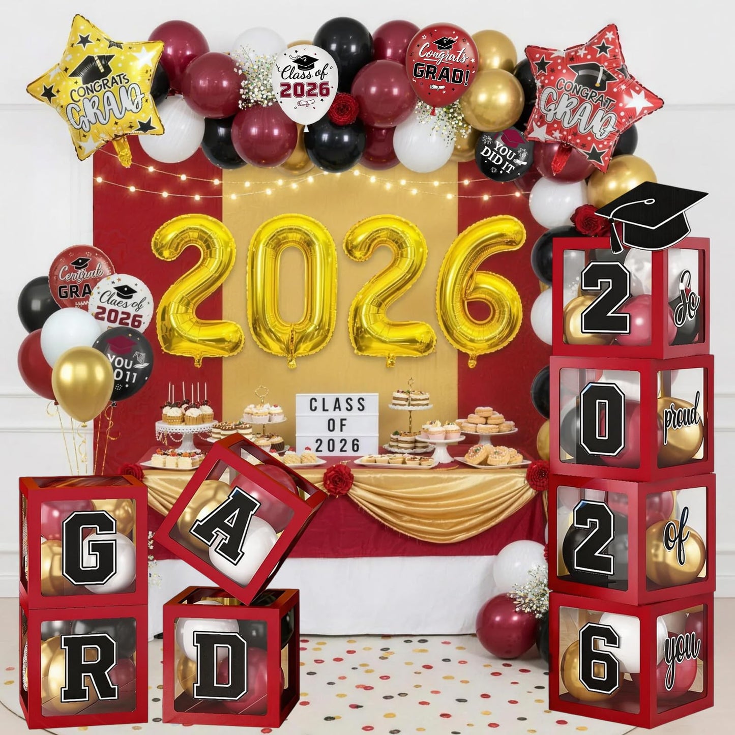 Maroon Prom Graduation Decorations Gold 2026 Number Balloons Boxes Burgundy Black Congrats Party GRAD So Pround of You Letters Star Foil Wine Red White Balloon Backdrop School College Celebrations