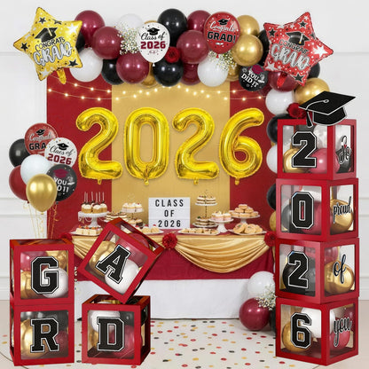 Maroon Prom Graduation Decorations Gold 2026 Number Balloons Boxes Burgundy Black Congrats Party GRAD So Pround of You Letters Star Foil Wine Red White Balloon Backdrop School College Celebrations