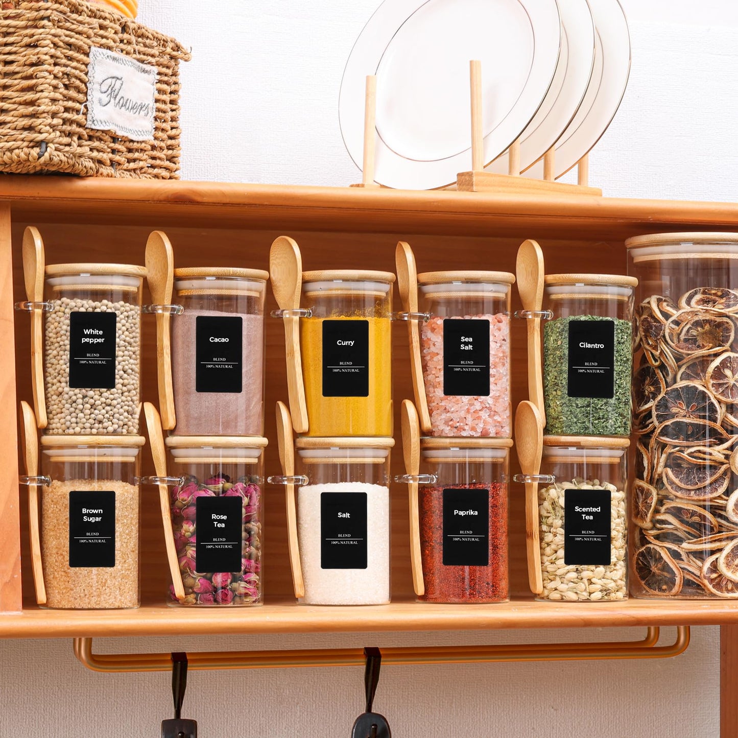 ComSaf 12 Pcs Glass Spice Jars and Spoons, 8oz Glass Containers with Bamboo Lids, Storage Containers with Airtight Lids with Black Labels for Seasonings, Salt, Loose Leaf Tea Storage