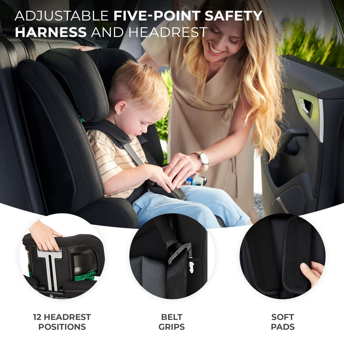 Kinderkraft Safety FIX2 I-Size 76-150 cm Car Seat, 15 Months - 12 Years, Booster Child Seat, Isofix, Top Tether, Adjustable Headrest, Group 1-2-3, 5-Point Safety Harness, Modular Insert, Black