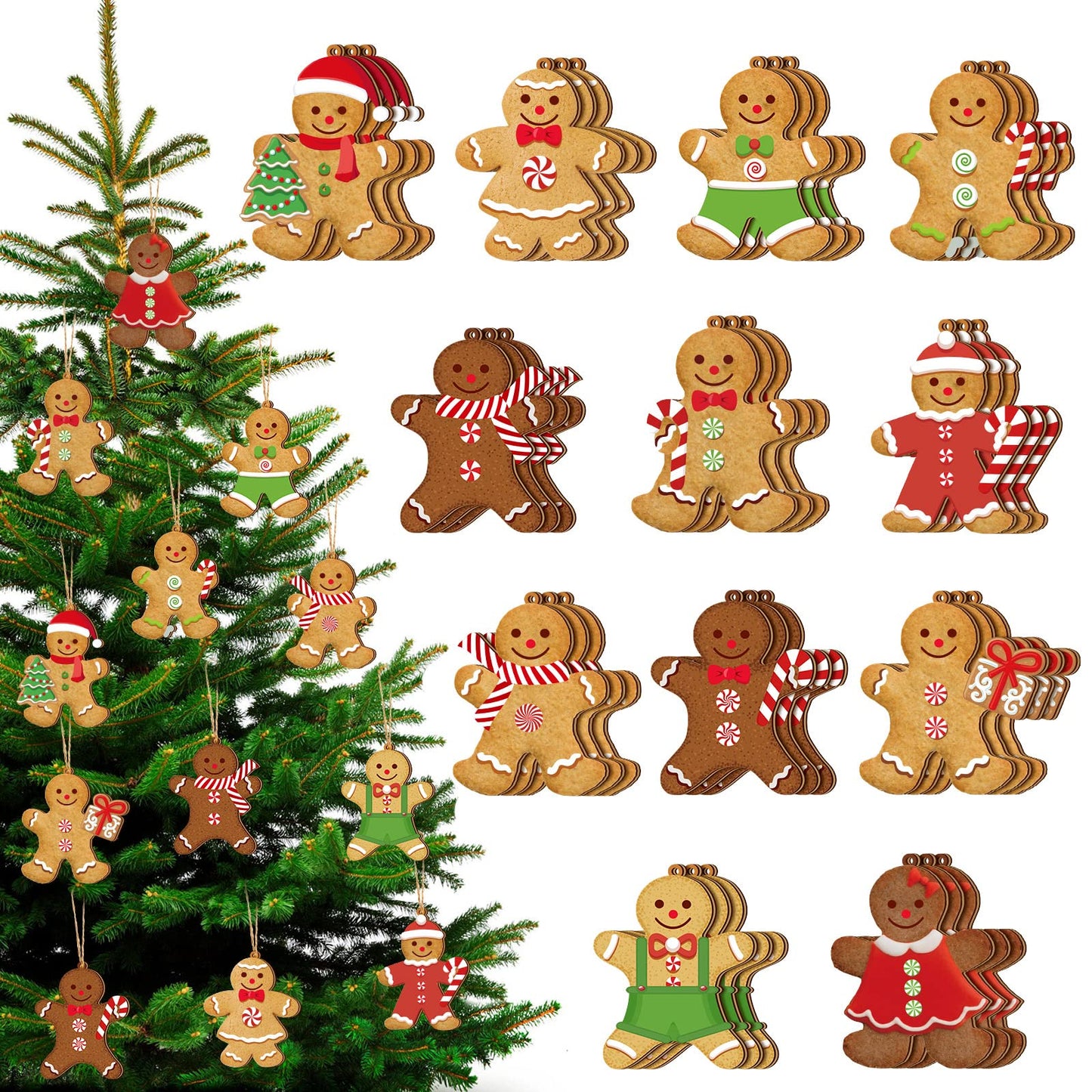 Ferraycle 36 Pcs Gingerbread Christmas Ornaments Christmas Tree Decorations 3 Inch Decorations Wooden Hanging Ornaments for Xmas Tree Home Kitchen Holiday Party Decor(Classic Style,Red)