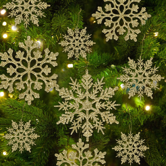36pcs Christmas Gold Snowflake Ornaments Plastic Glitter Snow Flakes Ornaments for Winter Christmas Tree Decorations Size Varies Craft Snowflakes