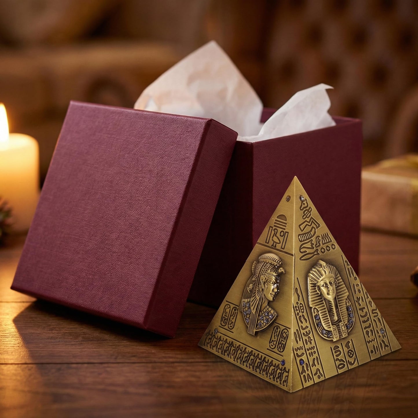 DECHOUS Egyptian Decor Pyramid Statue - Small Metal Ancient Egypt Meditation Pyramid Ornament Gifts for Souvenirs Home Office Building Model, 8.7 Inch