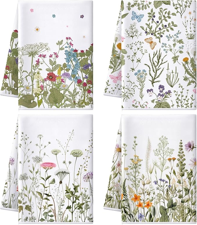 Bencailor 4 Pcs Wild Flower Kitchen Towels Wildflower Floral Hand Dish Towels