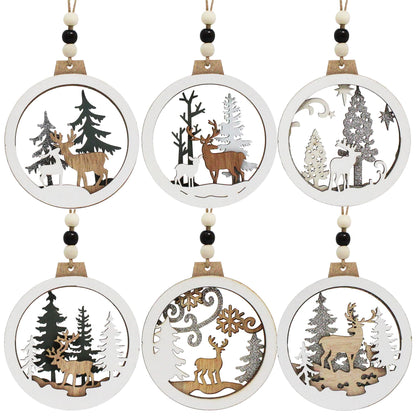 JOIEDOMI 6 Pcs Christmas Wooden Ornaments, Christmas Farmhouse Rustic Reindeer, Hanging Wood Ornaments for Winter Holiday Indoor Decor, Xmas Tree Decorations