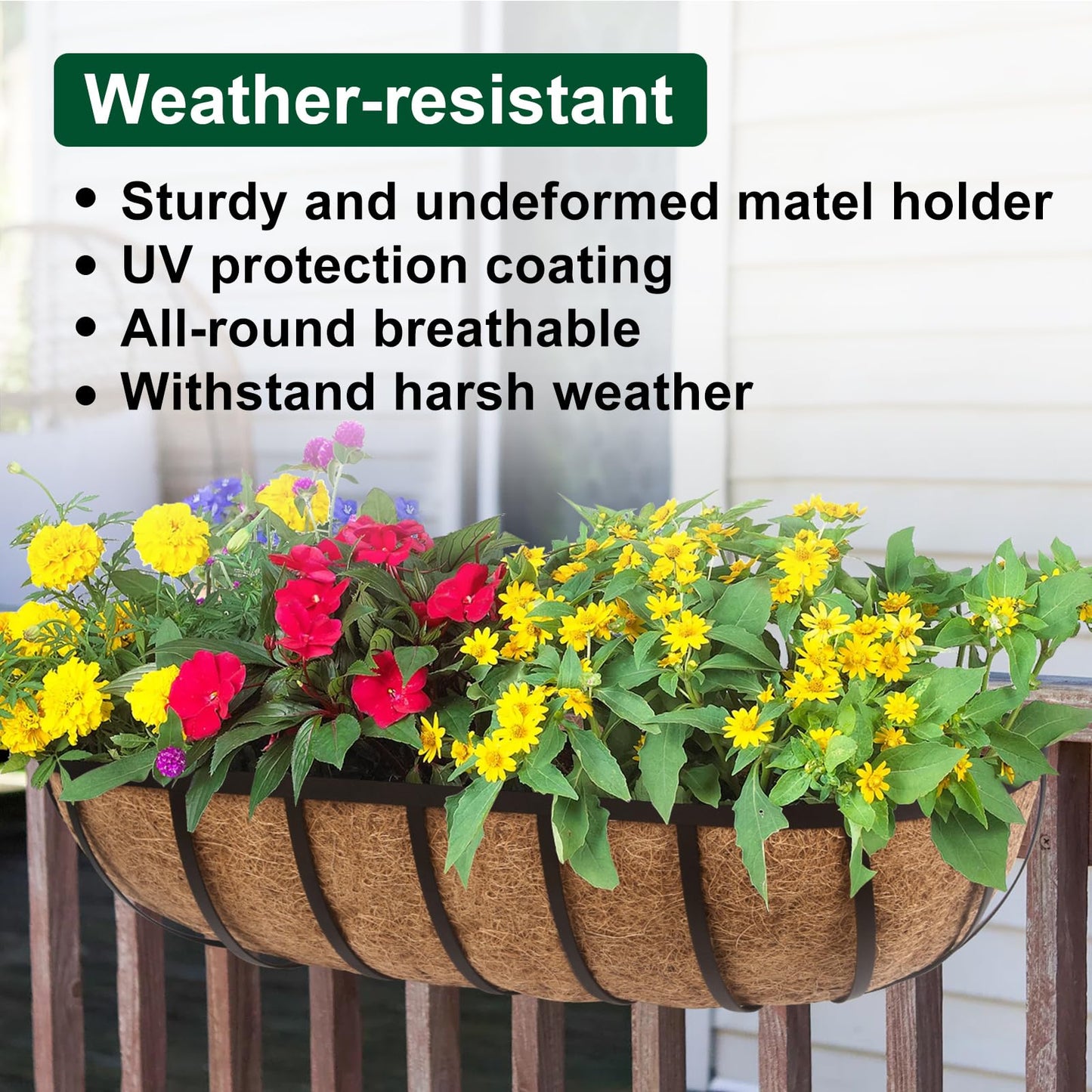 DUNCHATY 24 Inch Railing Planter 2 Pack - Adjustable Metal Window Box Planter with Coco Liner for Deck Balcony Porch Fence - Outdoor Hanging Flower Basket for Herbs & Flowers