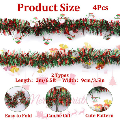 WANDIC 4Pcs 6.5Ft Christmas Garland, Snowman and Bell Christmas Tinsel Garland Indoor Decor Xmas Tree Staircase Railing New Year Holiday Home Decor