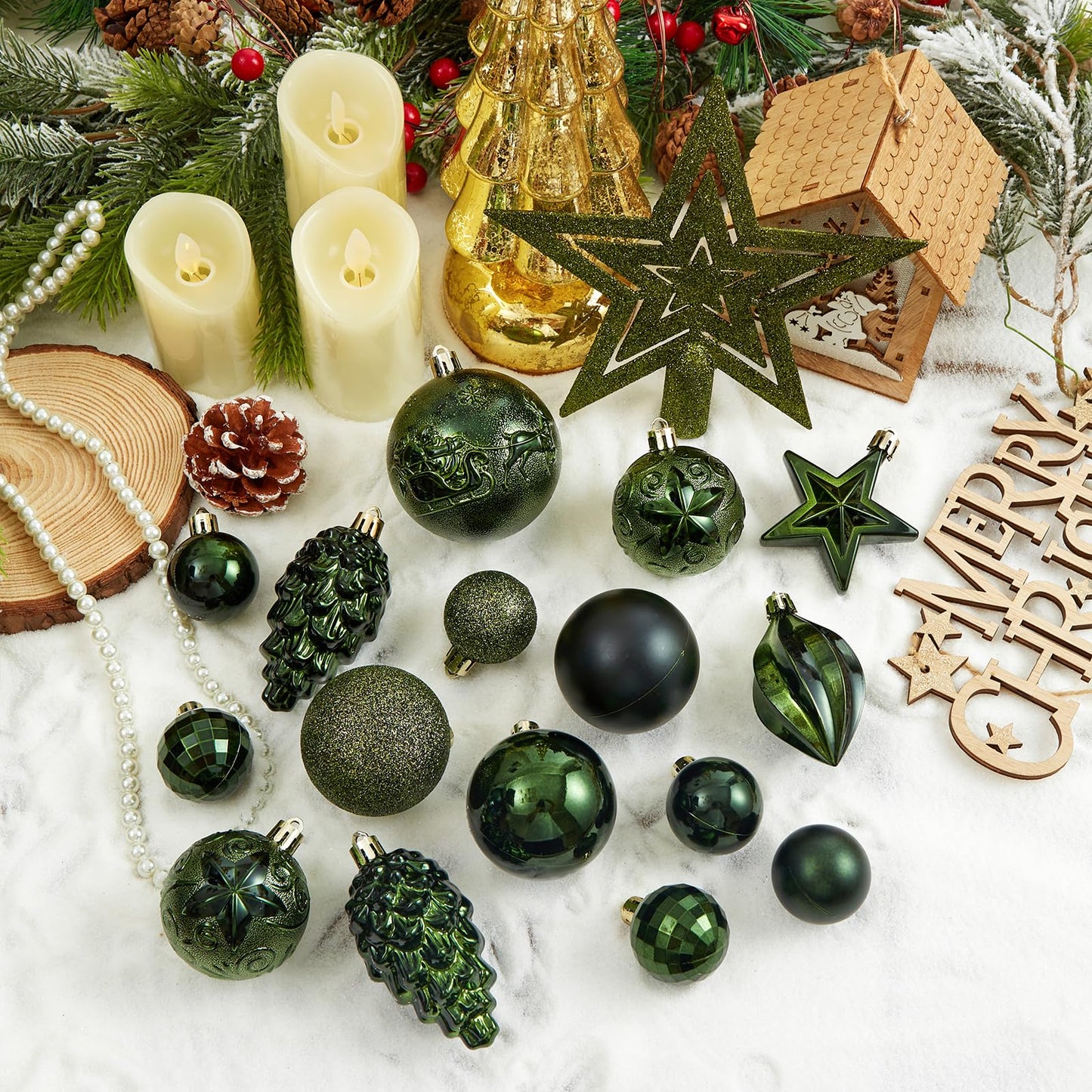 Christmas Ball Ornaments - 43pcs Shatterproof Christmas Tree Decorative Hanging Ornaments with Loop for Xmas Holiday Party Wreath Home Decoration (Dark Green)
