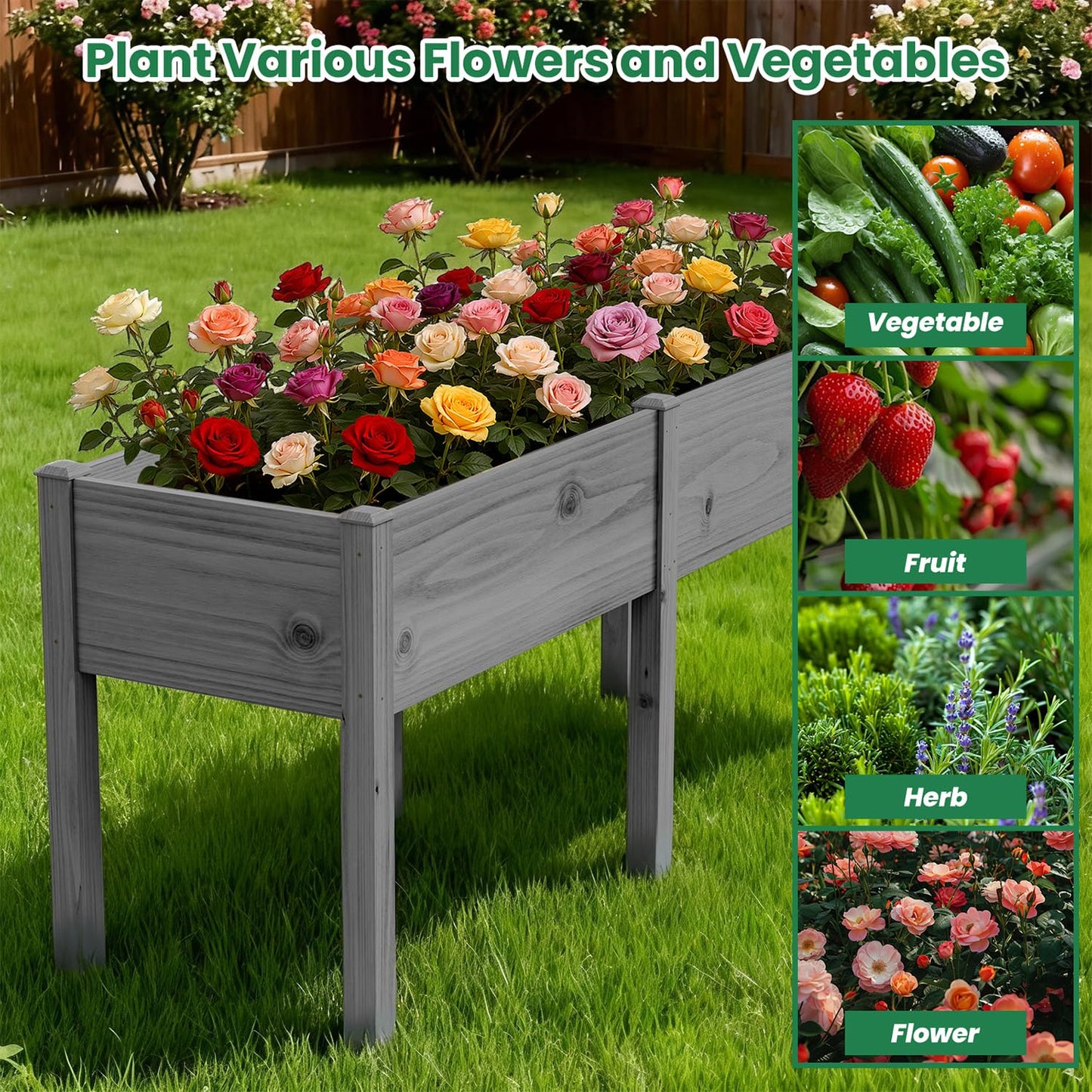 SUNYRISY Dual Wooden Raised Garden Bed Outdoor with Legs for Gardening, 71" L x 23.6" W x 31.5" H Elevated Planter Garden Box Raised Bed for Vegetable Flower Herb, Gray