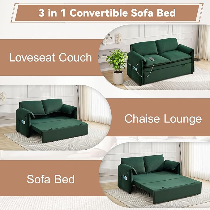 63" Convertible Sleeper Loveseat Sofa Bed, Pull Out Couch Bed