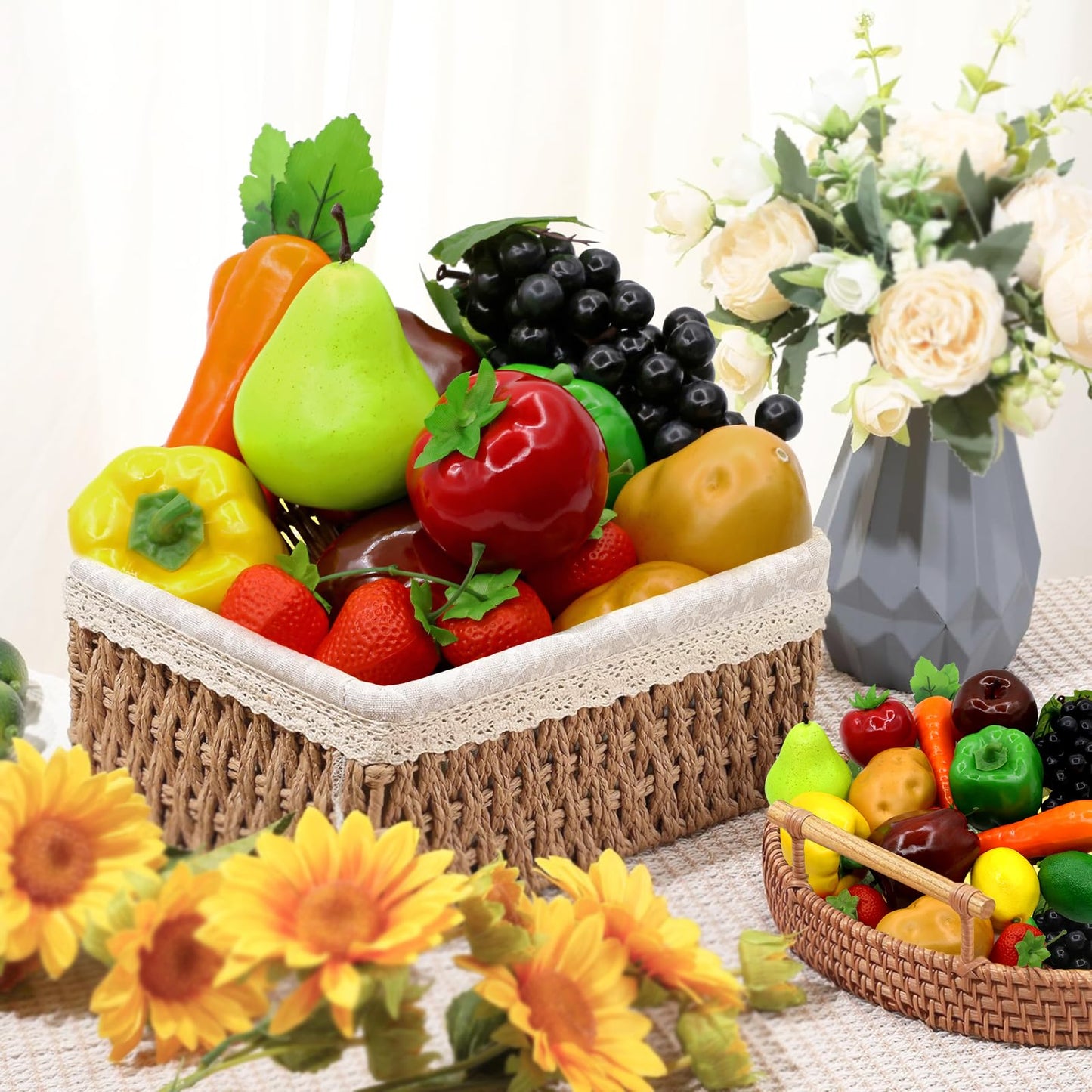 18Pcs Fake Fruits Vegetables Realistic Artificial Frutis Foam Decoration Faux fruit Lifelike Simulation Vegetable for Home Kitchen Festival Ornament Bell Peppers Strawberry Carrots Plastic Lemon