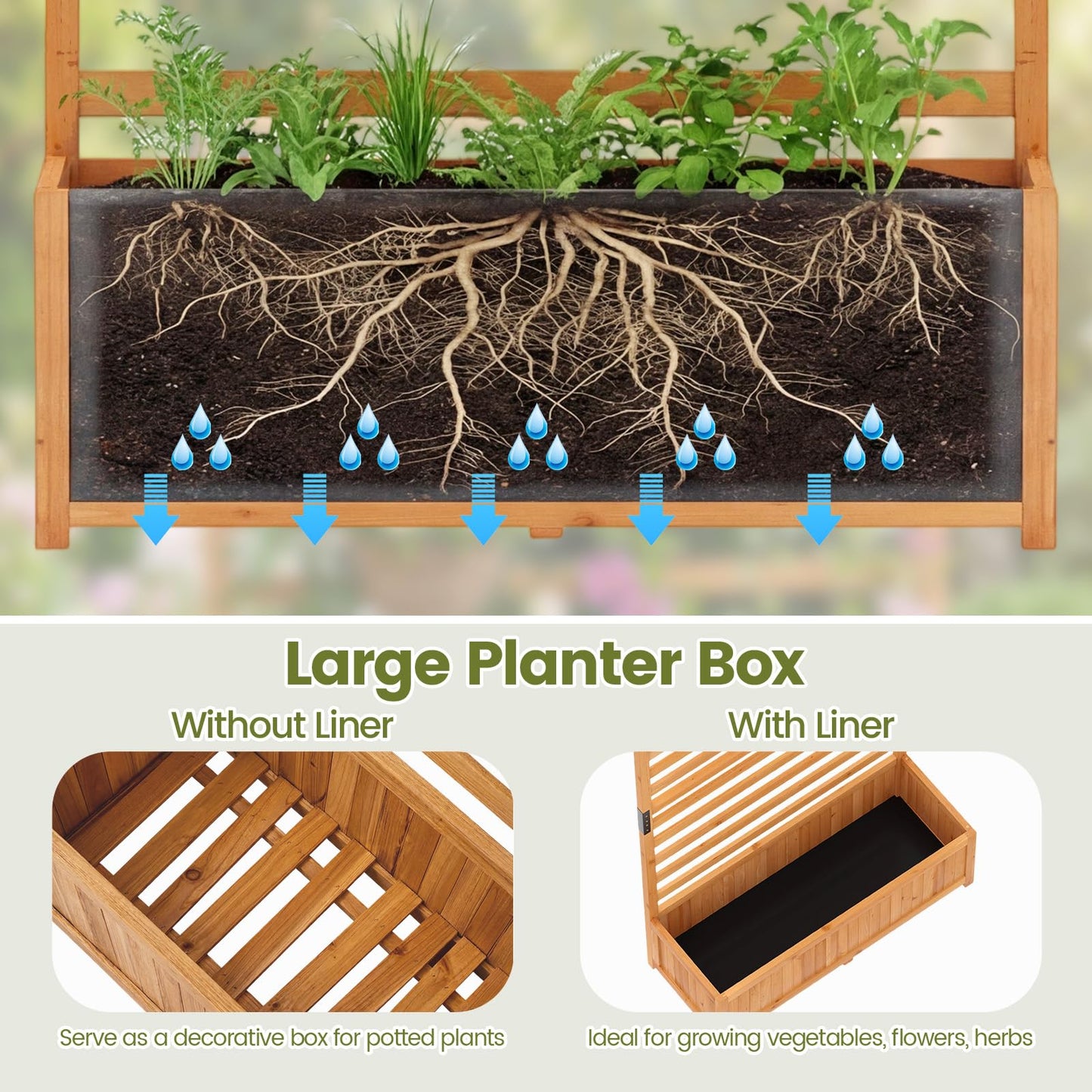 Giantex Set of 2 Raised Garden Bed with Trellis, 59” Tall Planter Box with Liner, Drainage Gaps for Climbing Vine Vegetable Flower, Indoor Outdoor Freestanding Privacy Screen for Porch Patio Yard