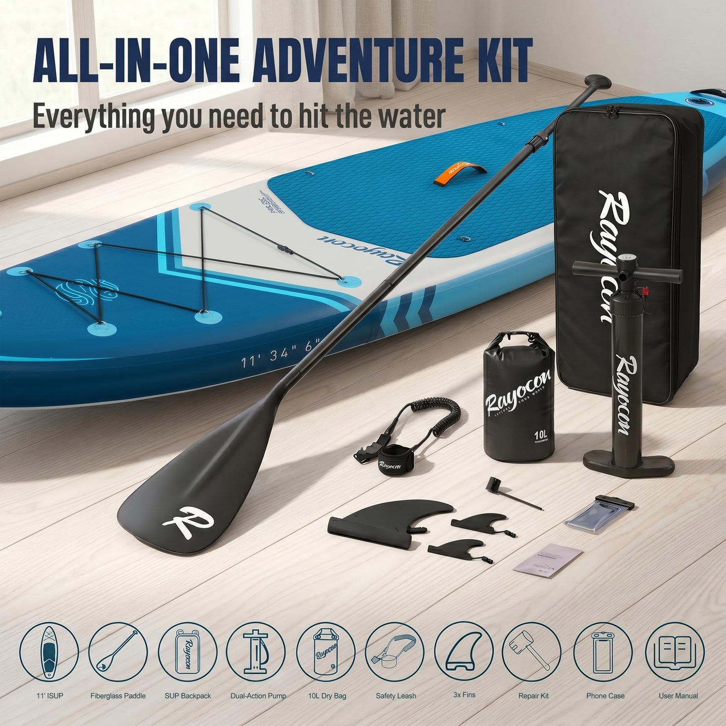 Inflatable Stand Up Paddle Board 11'×34" Extra Wide SUP, Ultra-Stable for Adults & Dog, 450lbs, Dual Chamber Pump, Fiberglass Paddle, Military Grade Dual Layer, Deep Sea Gradient Design