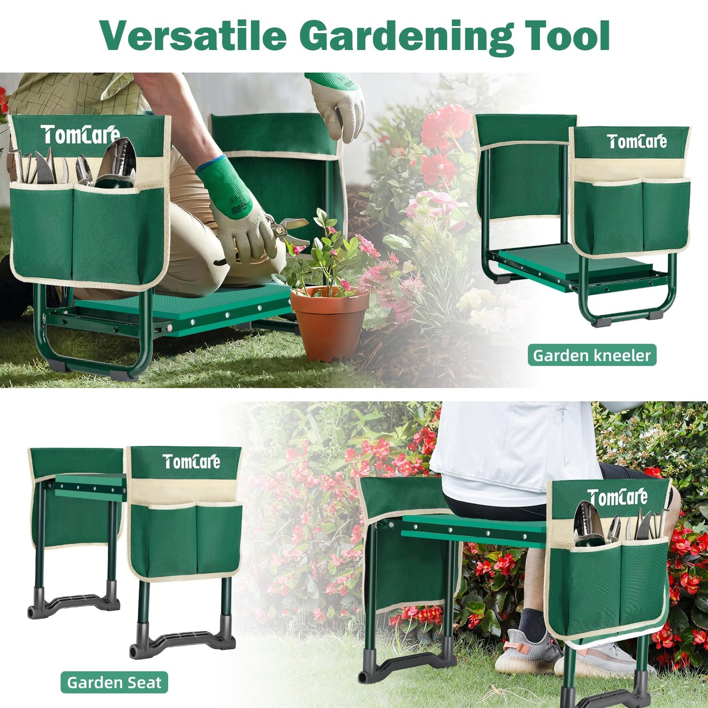 TomCare Garden Kneeler and Seat 10.24” Wide Kneeling Pad Garden Bench with 2 Tool Pouches Heavy Duty Stable Gardening Stool Tools Foldable Gardening Gifts for Women Men Seniors Gardeners, Green