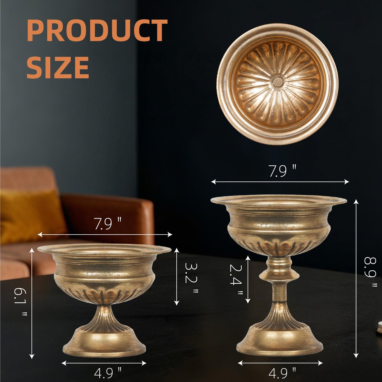 WORTH Gold Urn Vases for Centerpieces Set of 2 (8.8" H x 7.8" Dia & 6.1" H x 7.8" Dia), Classic Metal Trumpet Flower Pot for Table Bowl Vase for Wedding Party Event Home Deco, Smooth, Non-Aged Finish