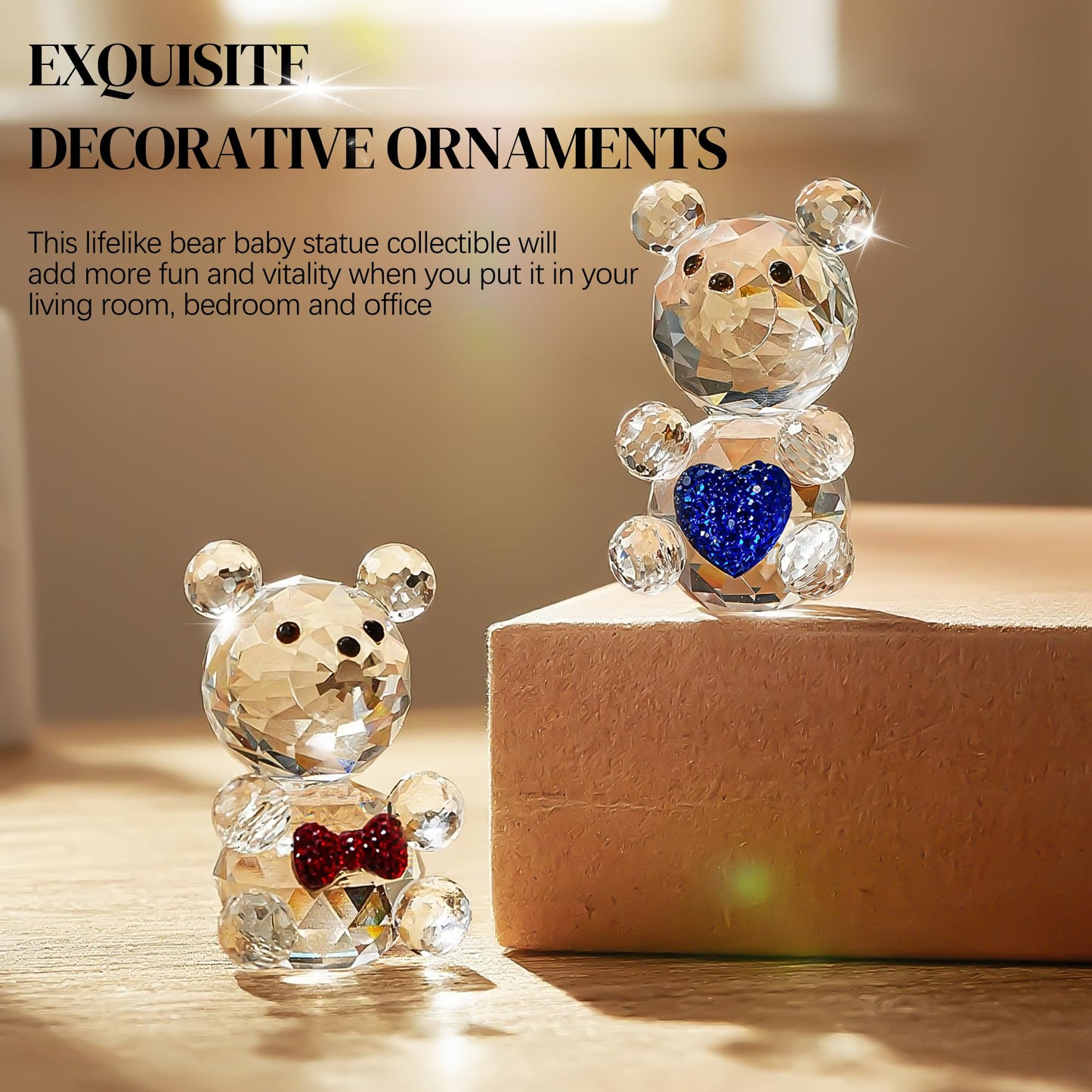 H&D HYALINE & DORA 2pcs Crystal Baby Bear Figurine Collection Animal Paperweight Table Centerpiece