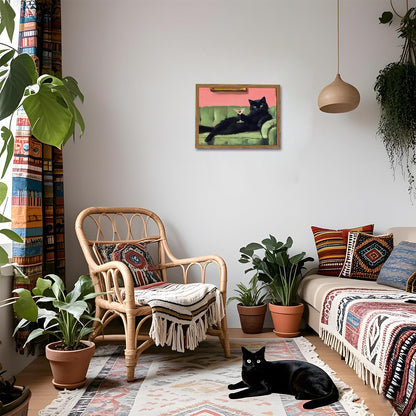 Funny Black Cat Martini Wall Art, Bar Cart Decor, Eclectic Cocktail Painting Canvas Print, Cute Animal Artwork Picture for Bedroom Living Room Kitchen 12x16 inch Wood Framed