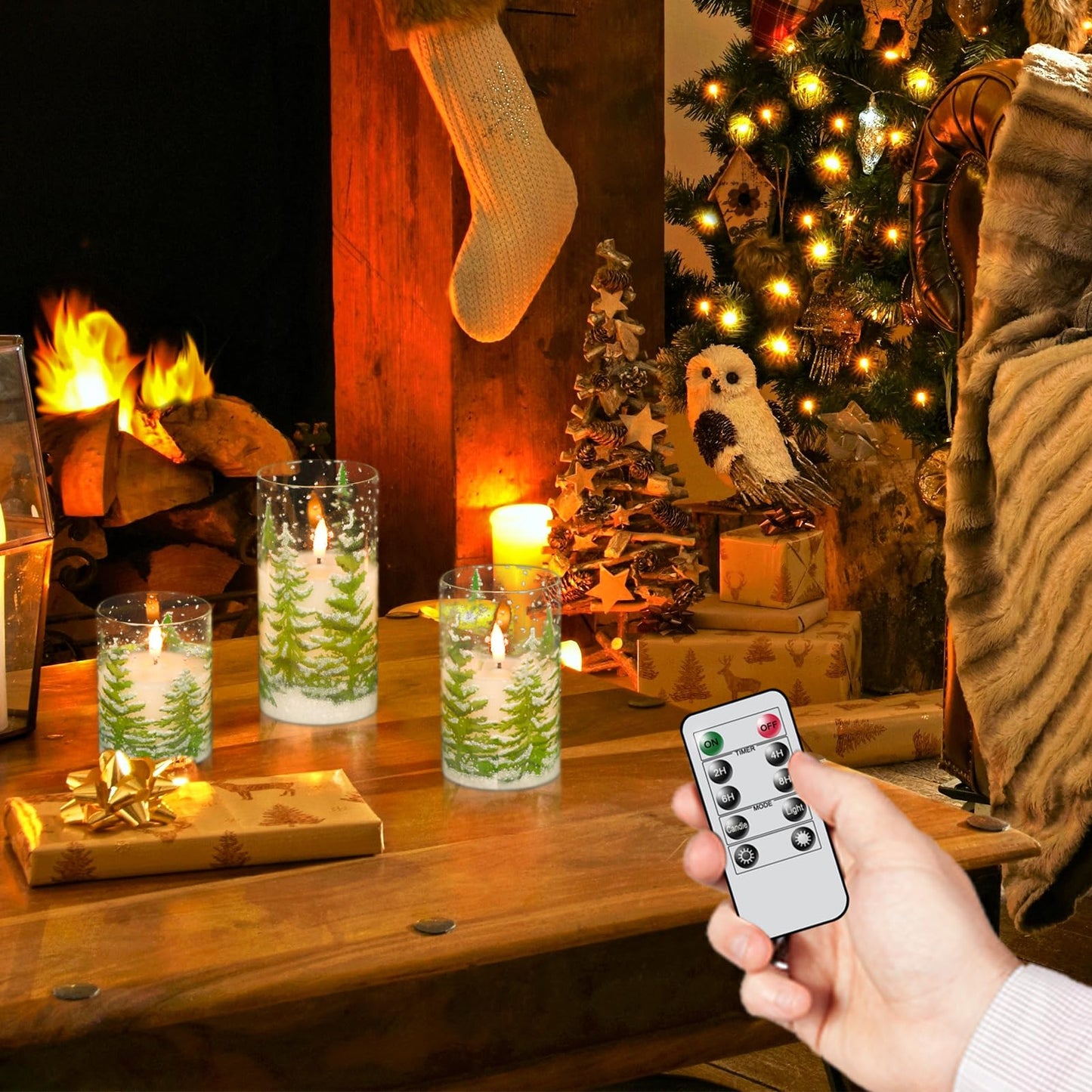Eldnacele Christmas Tree Glass Flameless Candles Remote and Timer, Battery Operated Flickering LED Pillar Candles Warm White Light 3 Pack Dinner Xmas Festival Gift Holiday Decor(Green,3×4/5/6 Inch)