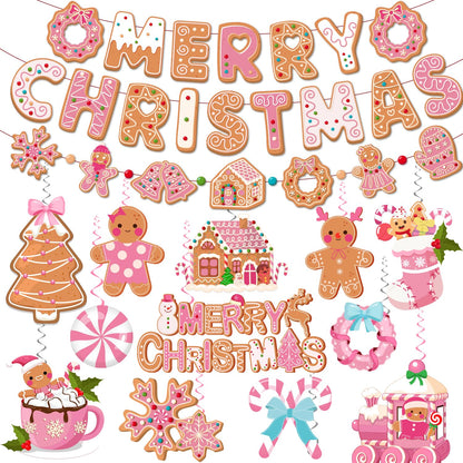 Pink Gingerbread Christmas Decorations, Pink Gingerbread Christmas Decor includes Merry Christmas Banner and Ginger bread Hanging Swirls, Gingerbread House Decorations for Merry Xmas Party Supplies