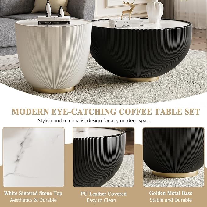 Round Marble Coffee Table Set of 2, 2 Piece Coffee Table and End Table
