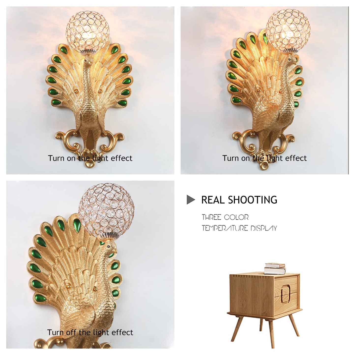 CEKUXPS Modern Resin Peacock Light Wall Sconce, Gold Crystal Wall Lamp, 20.4" x 12.2" x 12.2", Living Room, Bedroom, Kitchen, Dining, Study, Hallway