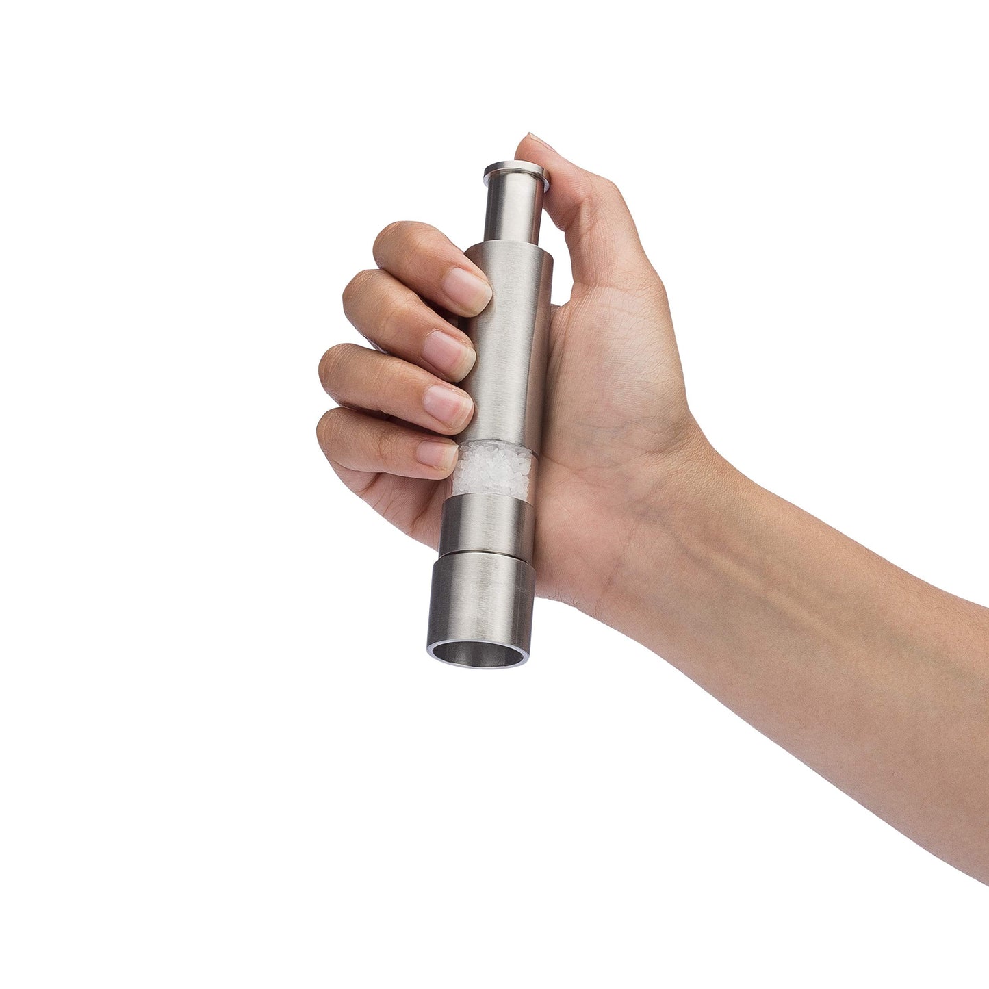 Grind Gourmet Salt and Pepper Grinder Set, Original Pump & Grind Peppermill are Refillable, Modern Thumb Press Grinder, Works With Black Pepper, Sea Salt, Himalayan Salts, Stand Included