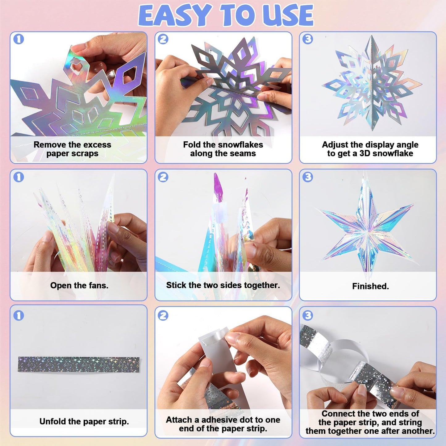 310Pcs Christmas Party Decorations Set Including 3D Iridescent Snowflakes Garland, Paper Chain Strips Craft, Hanging Paper Fans and Hexagonal Star Ornaments for Winter Wonderland Xmas Holiday Decor