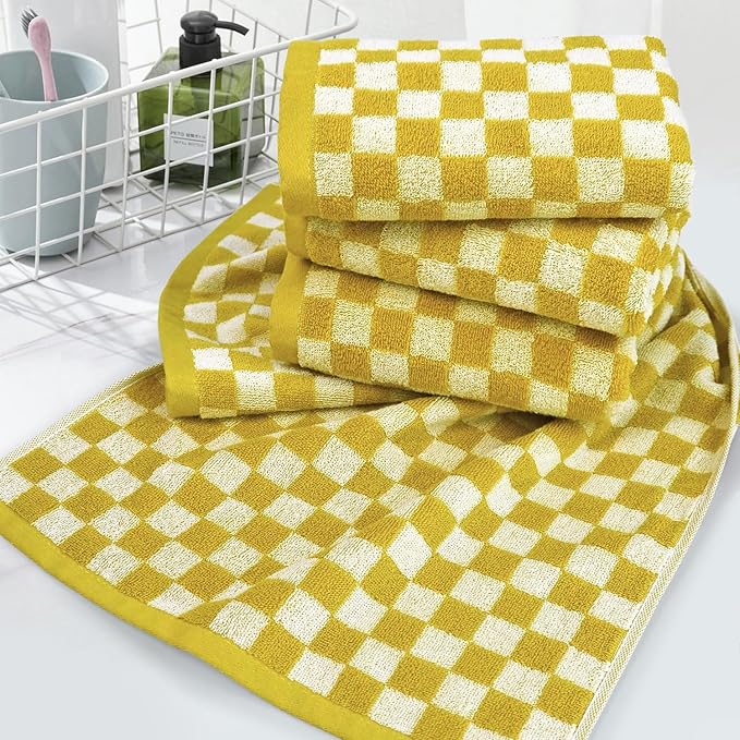 Jacquotha 4 Pcs Hand Towels for Bathroom Checkered, Cotton Soft Absorbent Cute