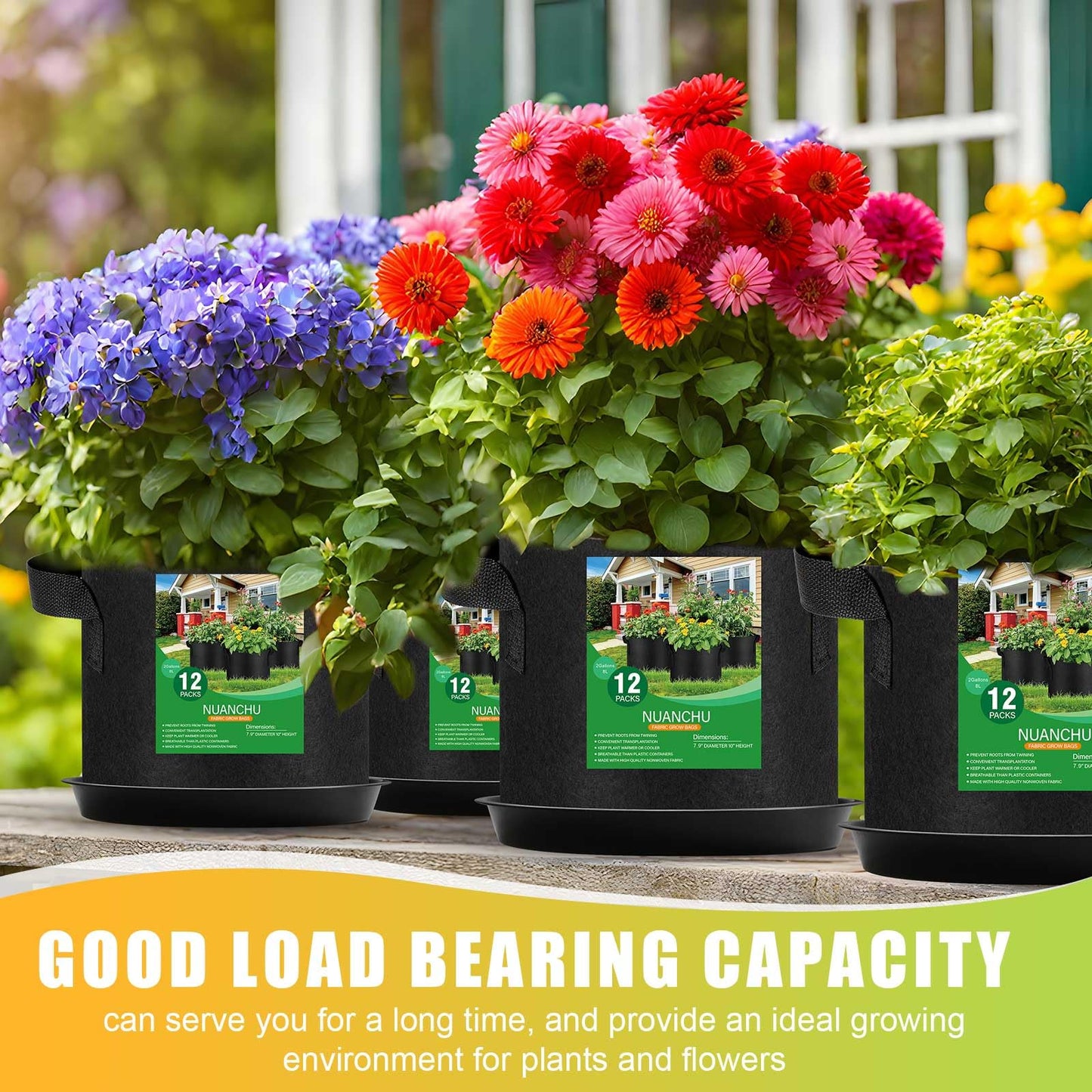 Funnymoom 12 Sets 2 Gallon Grow Bags with Plant Saucers, Durable Fabric Plant Pots with Handles, Aeration Drainage Planter Bags for Planter, Reusable Garden Bags Drip Trays Set for Indoor Outdoor